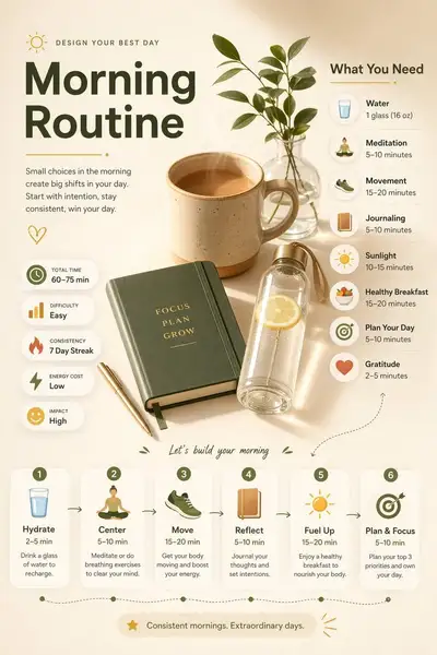Warm editorial routine infographic with stat badges