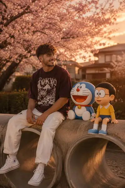 Hyper-realistic Japanese playground scene with Doraemon and Nobita