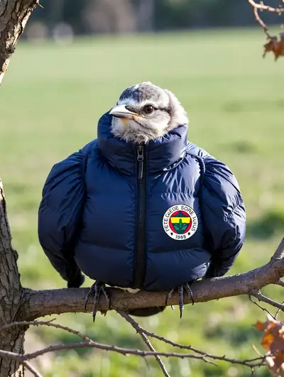 Photorealistic Bird in Navy Puffer Jacket
