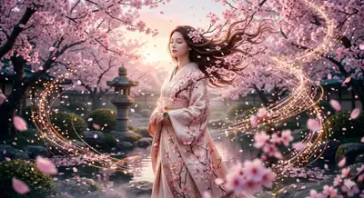 Cherry Blossom Hair Woman in Japanese Garden