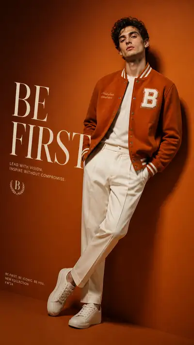 Burnt orange varsity jacket luxury editorial campaign portrait