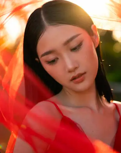 Golden Hour Portrait with Red Mesh Overlay