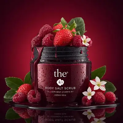 Body scrub jar overflowing with strawberries and raspberries