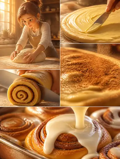 3D Pixar-style scene of a baker making cinnamon rolls