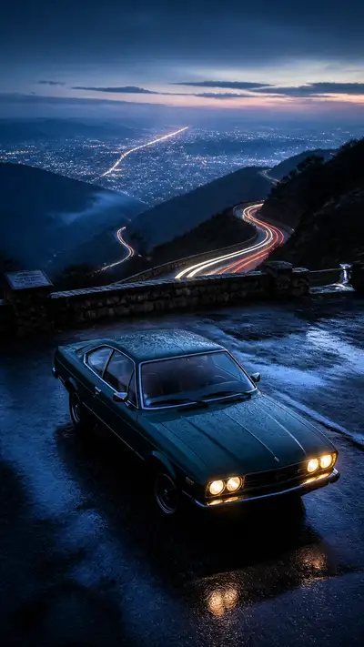 山の展望台からのレトロクーペ夜景写真