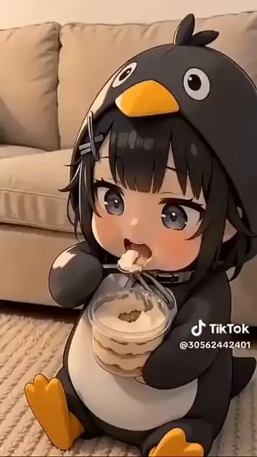Chibi-Anime-Mädchen im Pinguin-Onesie beim Parfait-Essen, JSON-Prompt