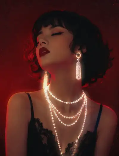 Retro Hong Kong style portrait with glowing pearl necklaces