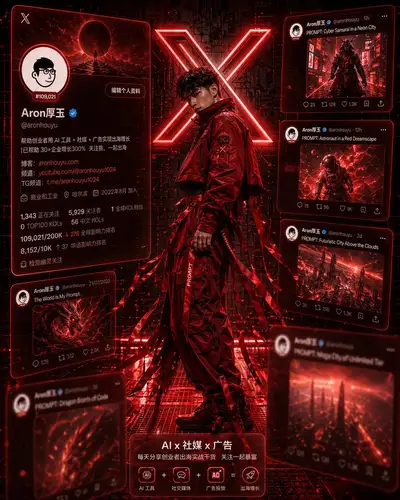Crimson Red Futuristic Tech-Wear Portrait with X UI Screens