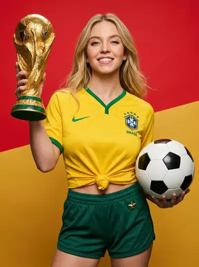 FIFA World Cup trophy portrait in Brazil jersey