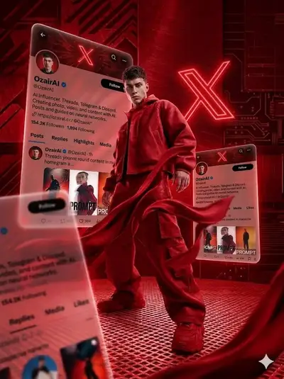 Crimson streetwear digital art with floating social UI