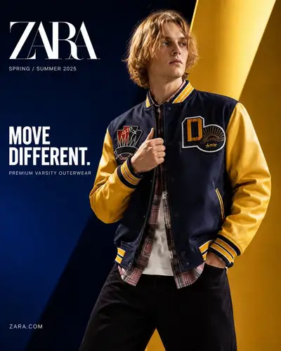 Zara varsity jacket luxury product advertising poster
