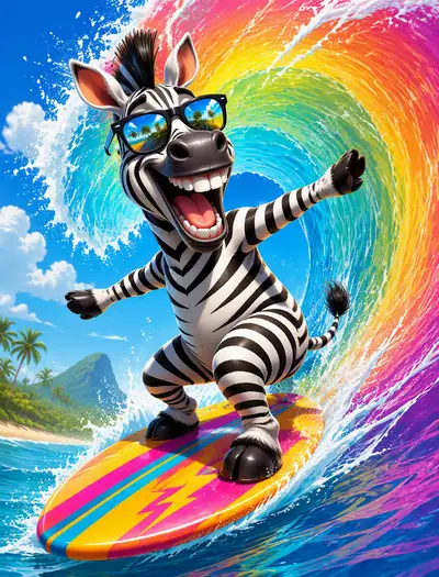 Cartoon Zebra Surfing on Colorful Wave