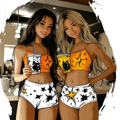 Two Women with Boba Tea Midjourney Prompt