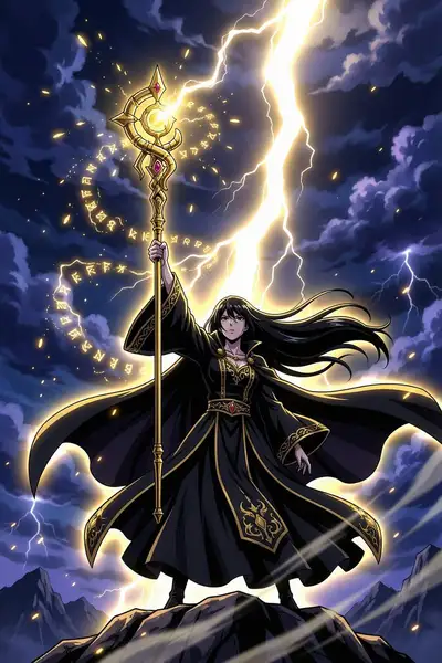 动漫风暴女巫闪电法杖插画提示词