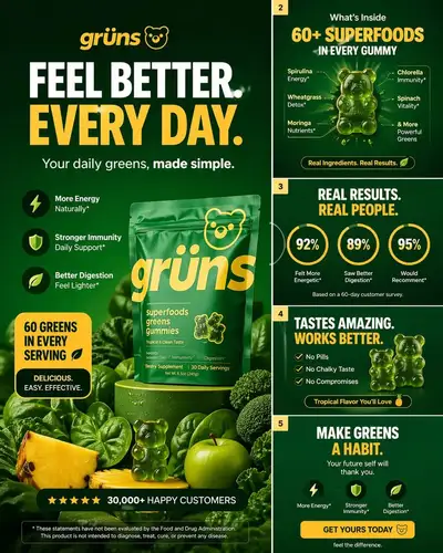 High-converting DTC carousel ad for Gruns greens gummies