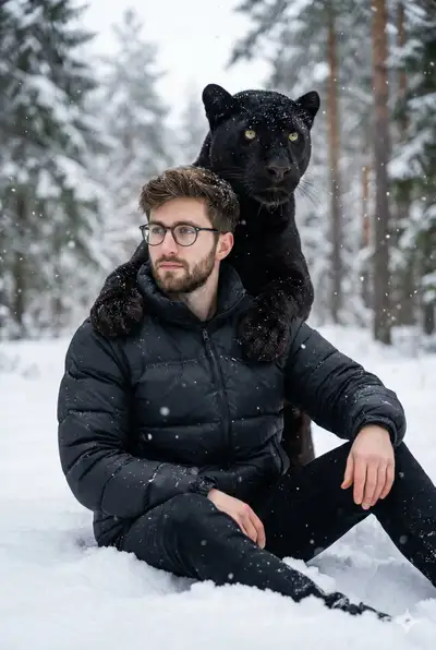 Man with a black panther in a snowy forest