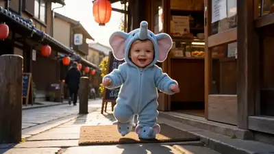 穿大象连体衣的幼儿与猫咪分享鲷鱼烧