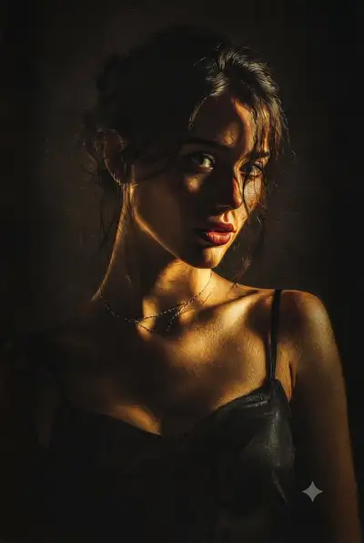 Portrait clair-obscur avec collier en or et lumière chaude
