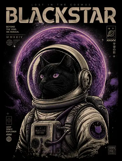 Astronaut cat t-shirt design with glowing galaxy