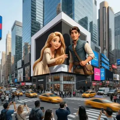 Disney characters breaking out of a giant city billboard