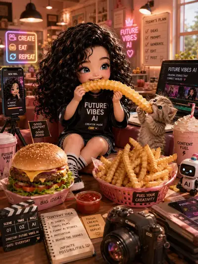 女の子と子猫が登場する可愛いクリエイターカフェの3Dシーン