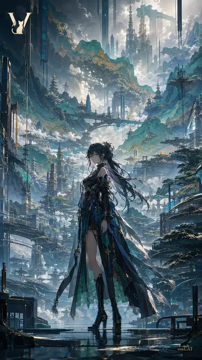 Futuristic Character Poster with Classical Landscape Fusion