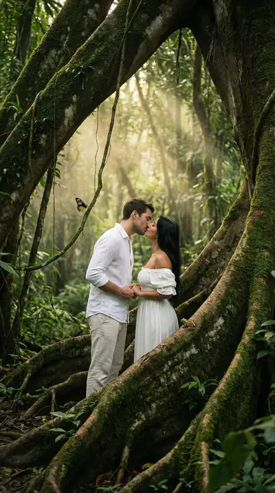 Enchanted Forest Root Kiss Scene with Light Rays