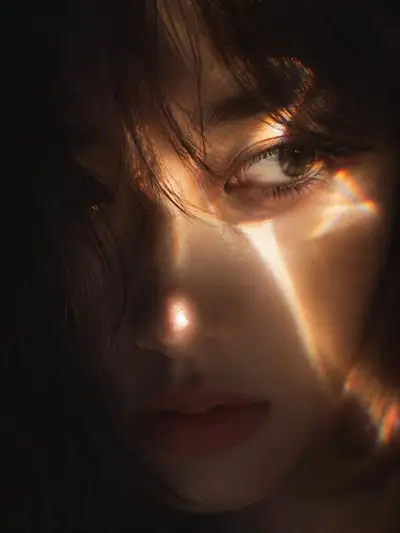 Prism light-leak close-up film portrait