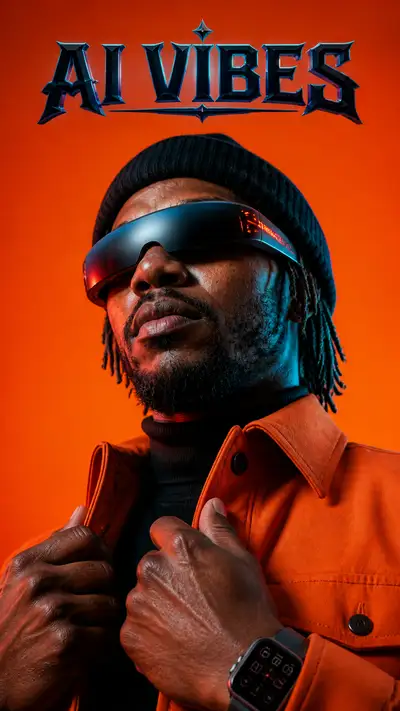 Tech futuristic fashion campaign with AR glasses titled AI Vibes