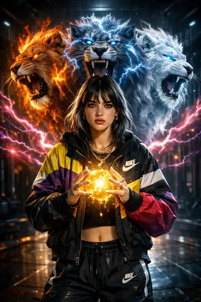Cinematic Fantasy Portrait with Elemental Lion Spirit