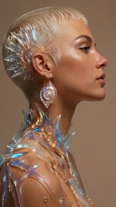 Futuristic 3D render portrait with holographic seashell jewelry