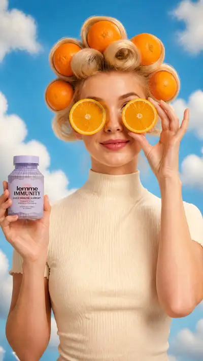 Anúncio de produto divertido com cabelo cacheado e óculos de fatia de laranja