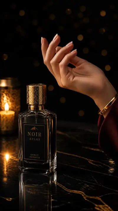 Noir Atlas luxury perfume bottle advertisement
