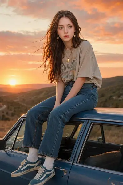 Vintage Sedan Golden Hour Portrait