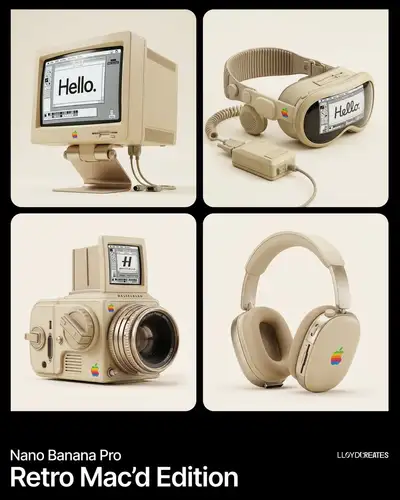 Jedes Produkt als Apple-Hardware von 1984 neu interpretieren (Nano Banana Pro)