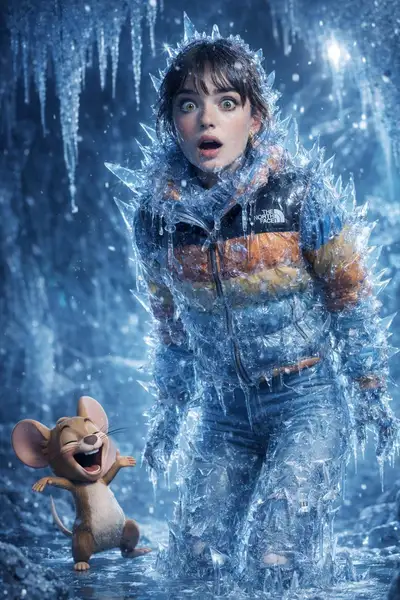 Cinematic Frozen Woman in Icy Cave with Cartoon Mouse