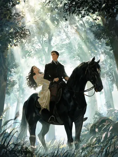 Romantic couple riding a black horse through a misty glade
