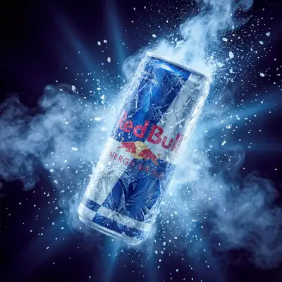 Hiperrealista lata de Red Bull con efecto de explosión de hielo