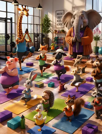 Pixar style animals practicing yoga with an elephant guru