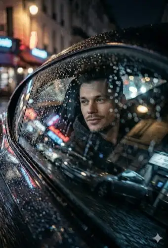 Cinematic rain-streaked car window portrait shot