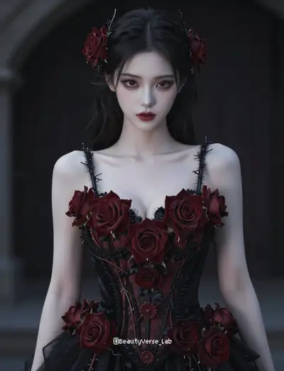 Retrato gótico de alta moda com um vestido feito de rosas e espinhos