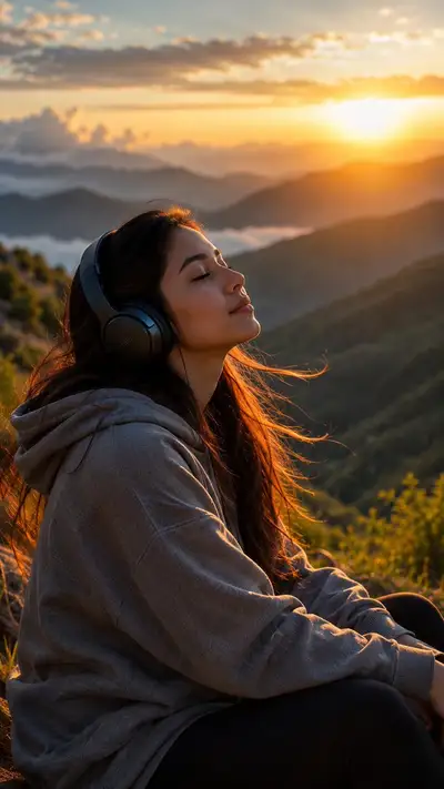 Mujer escuchando música al amanecer en una montaña