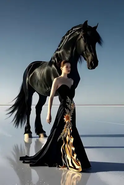 巨大な黒馬の傍らを歩く女性のファインアートファッションポートレート
