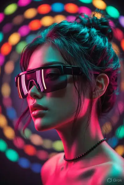 Cyberpunk Portrait of East Asian Woman with Neon Bokeh