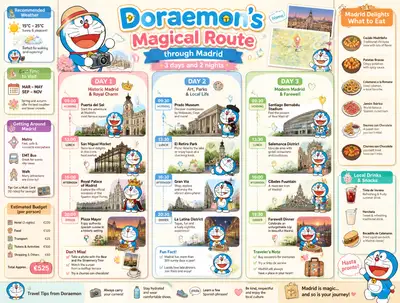 Doraemon-themed Madrid travel itinerary infographic