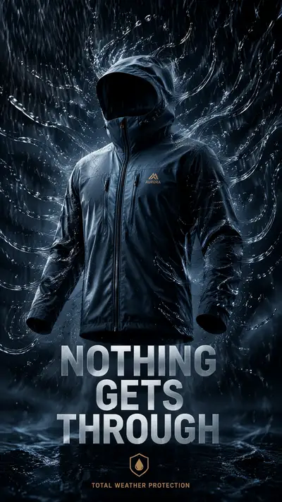 Rain-repelling jacket poster with fluid dynamics