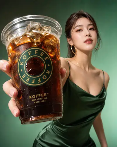 アイスコーヒーをカメラに差し出すコーヒードリンク広告
