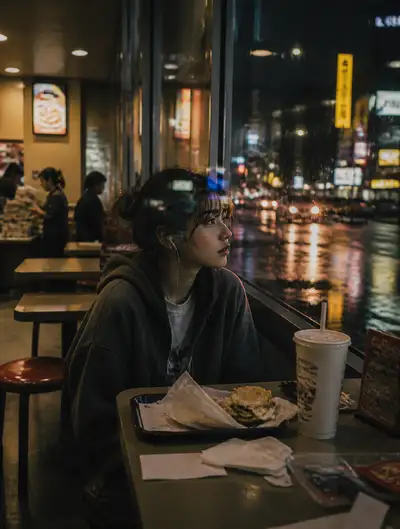 Cena de solidão tranquila em um fast-food chuvoso