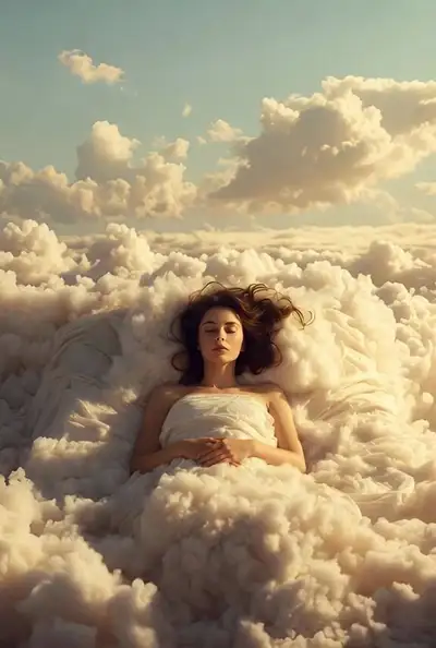 Woman Sleeping on Cloud Bed in Dreamy Sky