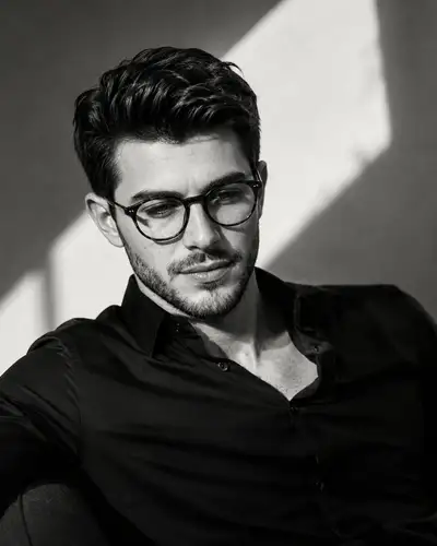 Cinematic B&W Editorial Portrait - Wavy Hair Black Shirt